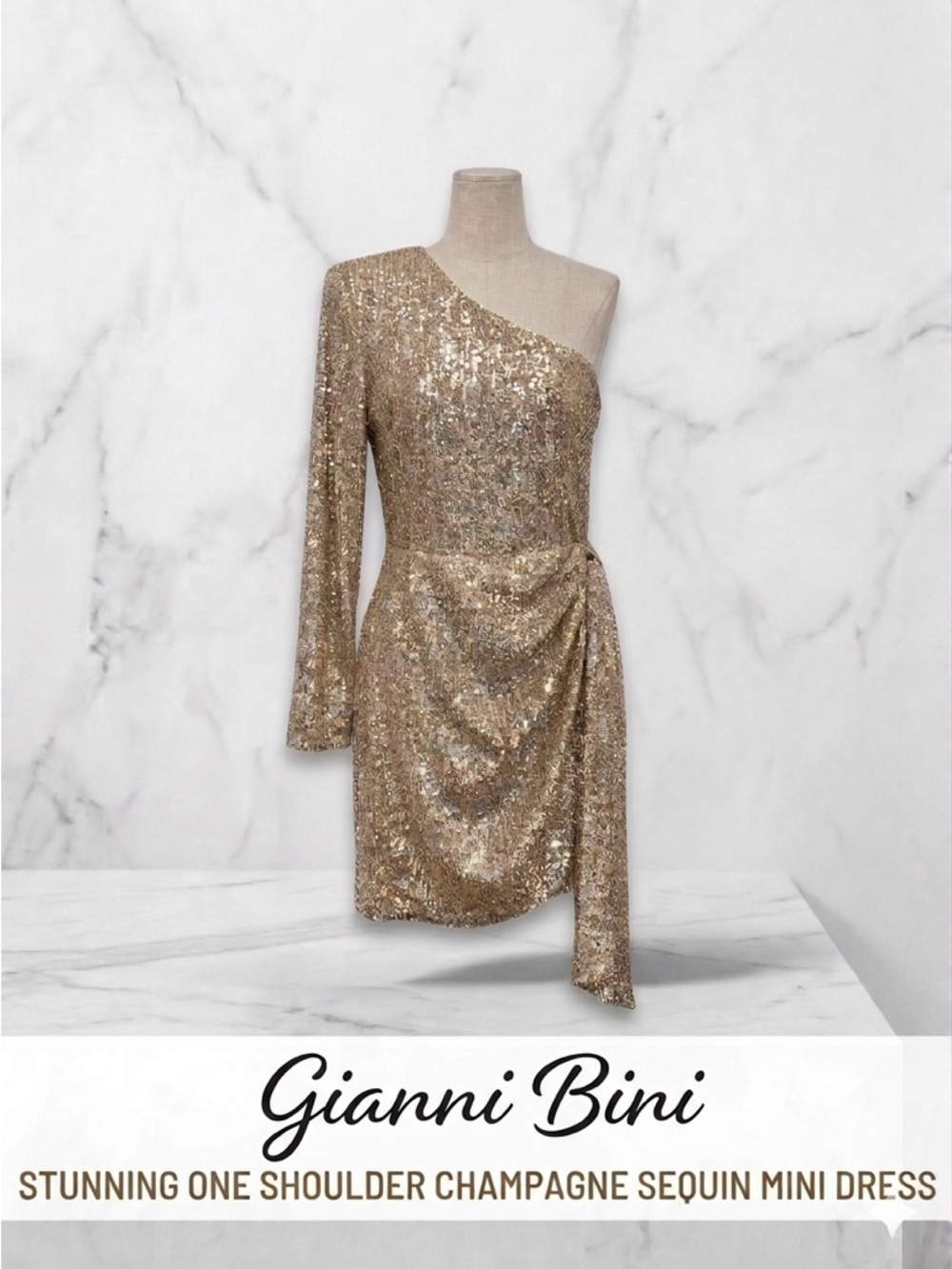 GIANNI BINI Stunning One Shoulder Champagne Sequin Mini Dress Size 0